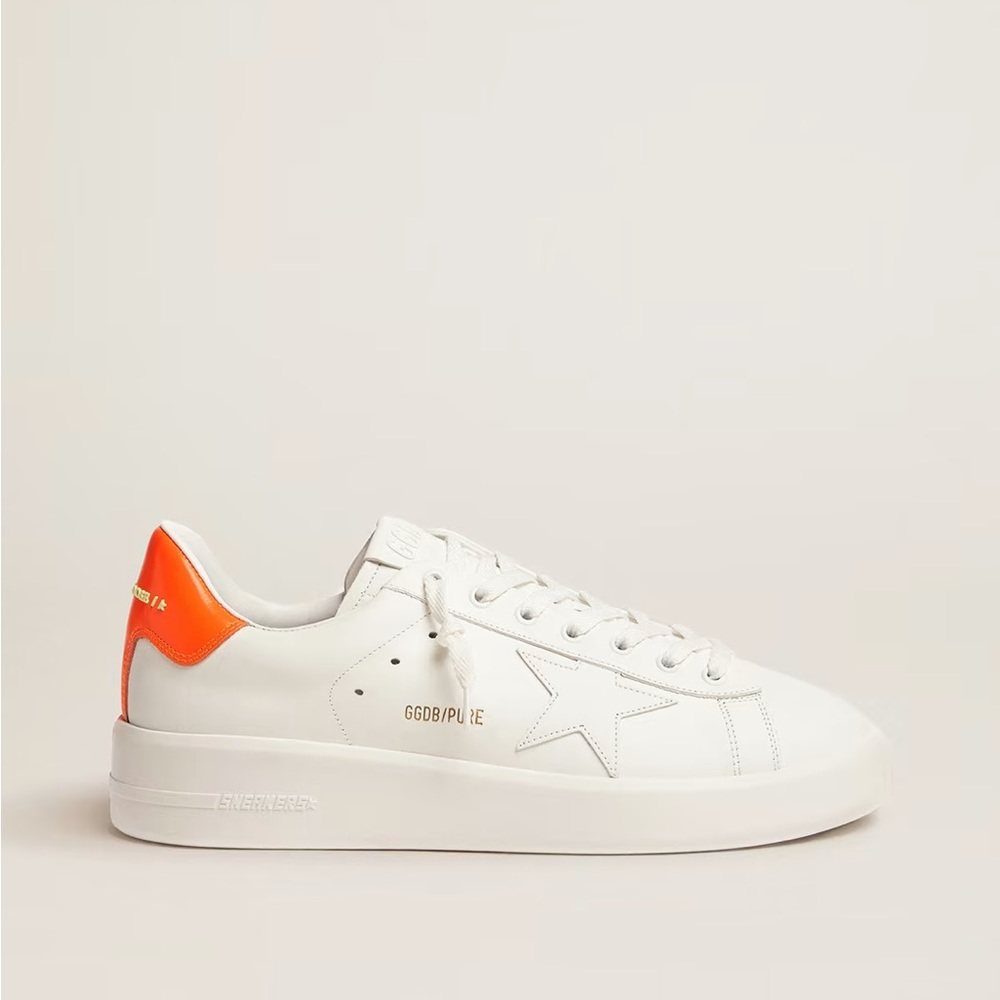 Golden Goose White Purestar sneakers with fluorescent orange heel tab